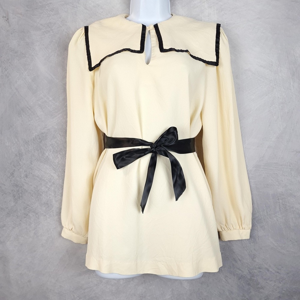 Vntg Maternity Top Womens Large Cream Sailor Collar Bow Keyhole Romantic Blouse